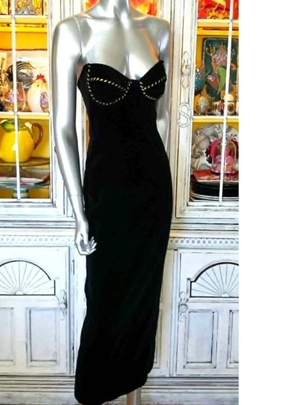 Vintage Betsey Johnson LUXE 90s RUNWAY SHOW Black Stretch Velvet Midi Slip Dress - Picture 5 of 16